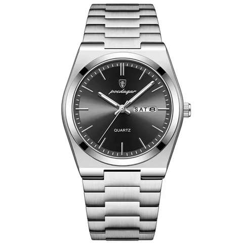 POEDAGAR Black Dial Silver Bracelet